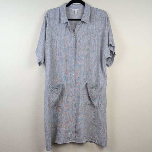 Eileen Fisher Organic Linen Crinkle Shirt Dress Boxy Lagenlook Size L - Picture 2 of 12
